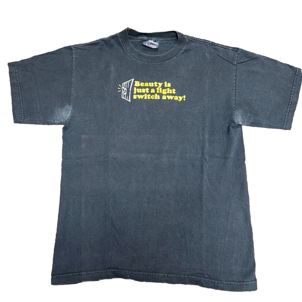 VTG Beauty Is Just A Lightswitch‎ Away Tee Shirt Mens L Blue Funny Aeropostale